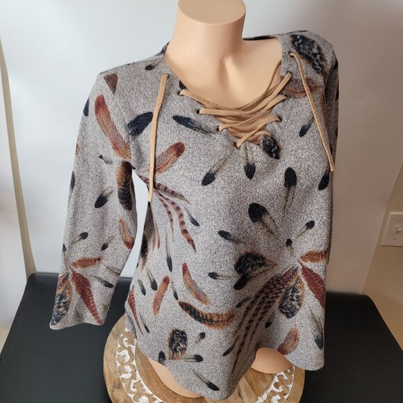 Coco Kelly - Feather Print Gray Long Top W/Tan Lace-Up Neck & Elbow Patches - Picture 8 of 11